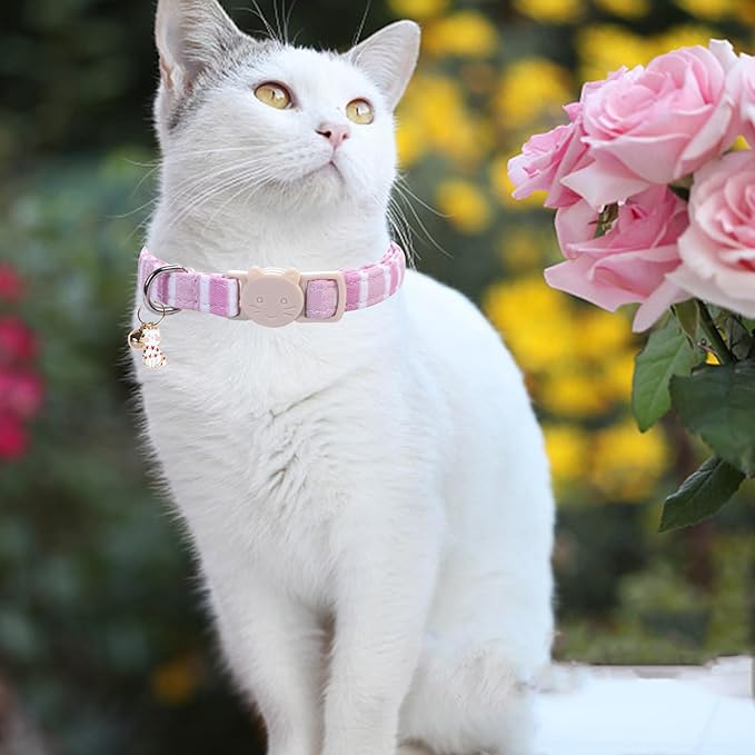 Elegant little tail 2 Pack Cat Collar-Pink Strip Cotton Breakaway Cat Collars with Bell Pendant Kitten for Girl Safety Adjustable Collar for Small Cats Puppy