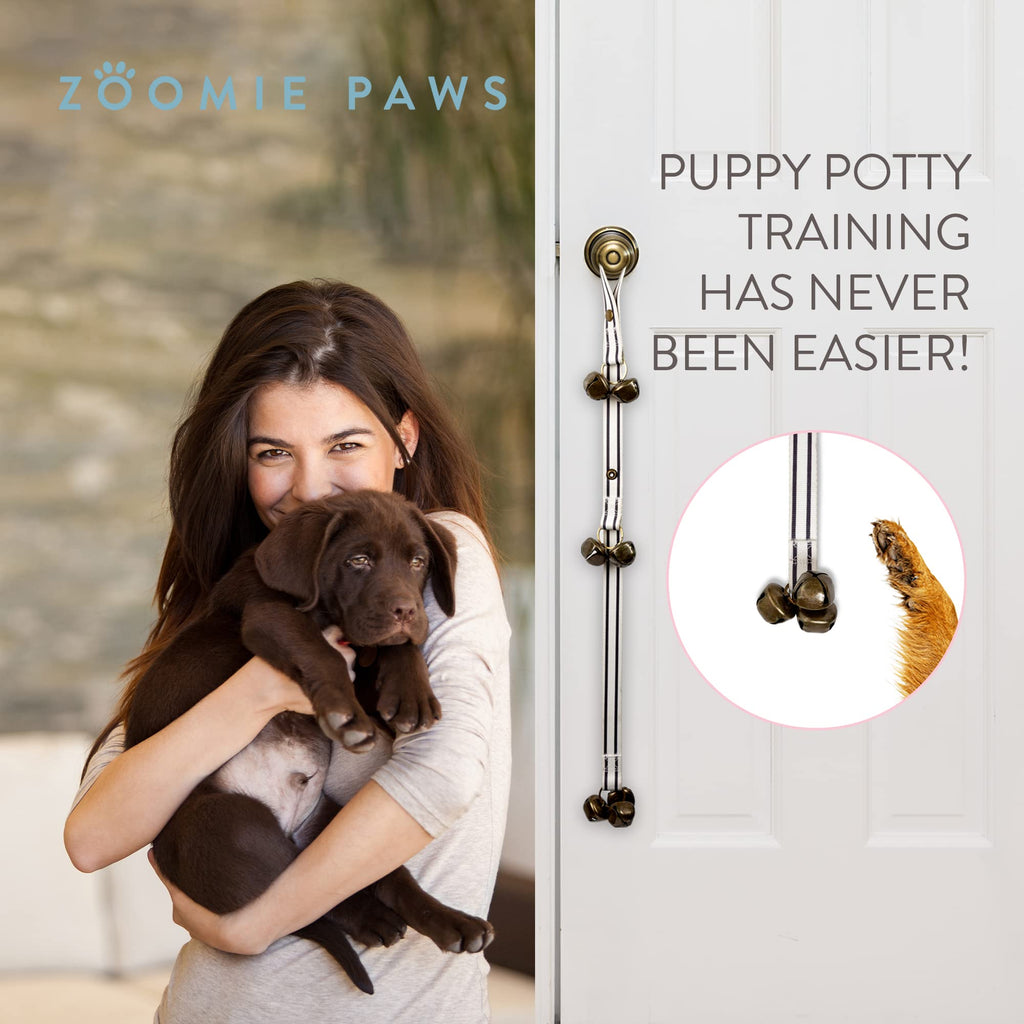 Dog Puppy Training Bell Potty and Outdoor Training Doorbell - Zoomie Paws, Black and White Strap with Bells