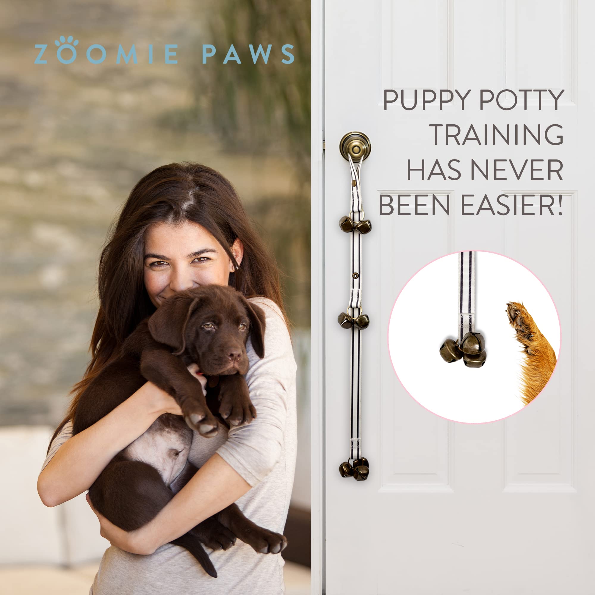 Dog Puppy Training Bell Potty and Outdoor Training Doorbell - Zoomie Paws, Black and White Strap with Bells