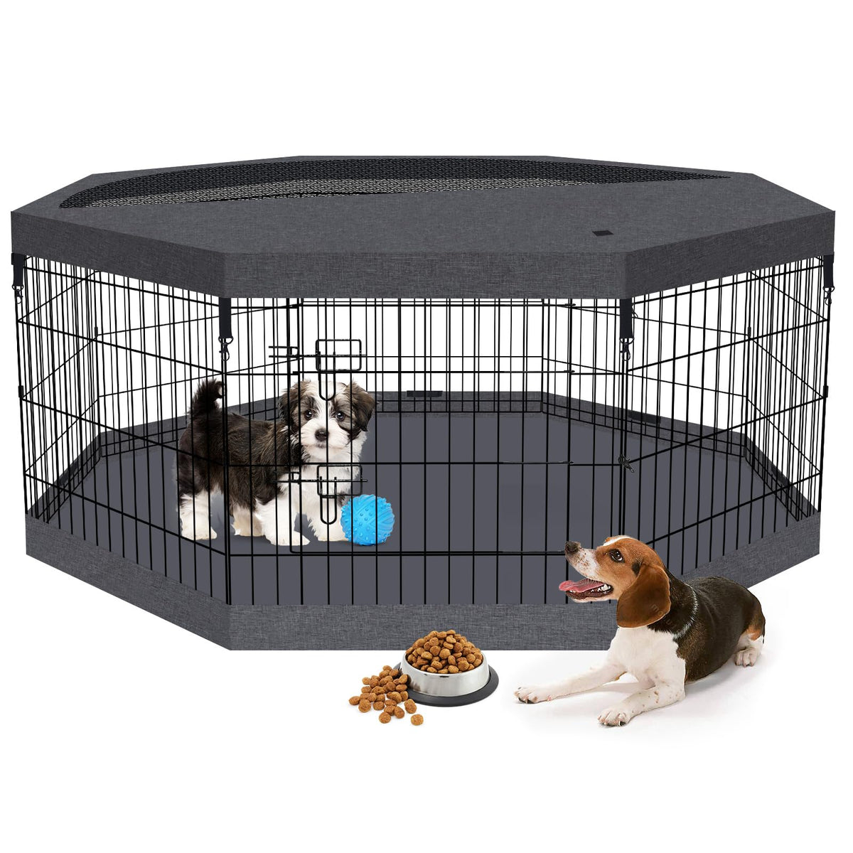 36"H Dog Playpen with Top Cover, 8 Panel 24"W Rustproof Metal Pen with Door
