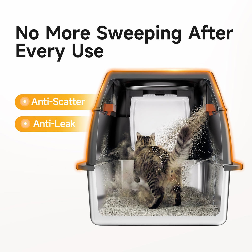 Tevila XL Enclosed Stainless Steel Litter Box with Lid,Black