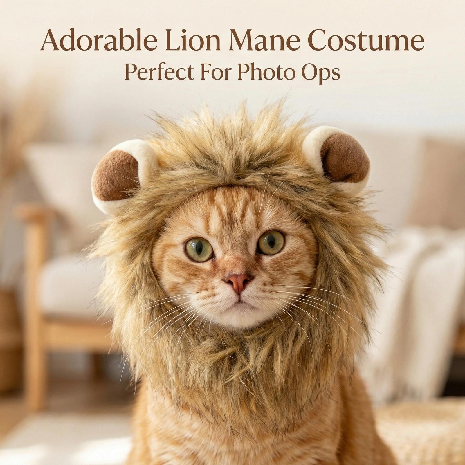 Adjustable Lion Mane Wig Pet Costume, Soft Halloween Cat Clothing with Secure Fit, Comfortable Feline Apparel for Parties, Fun Photo Sessions with Adorable Cat Costumes (Size S)