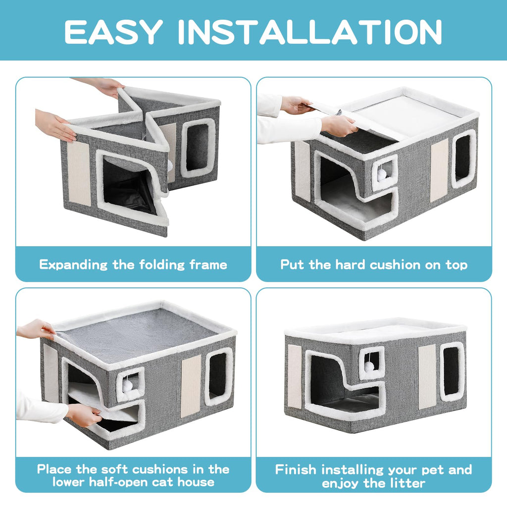 Crispedia Large Cat Houses for Indoor Cats, Extra Wide Cat Cave Bed with Scratch Pad and Fluffy Ball, Foldable Cat Hideaway Condo for Large Cats, Modern Kitten Bed,23x16x13 inches (Grey, X-Large)