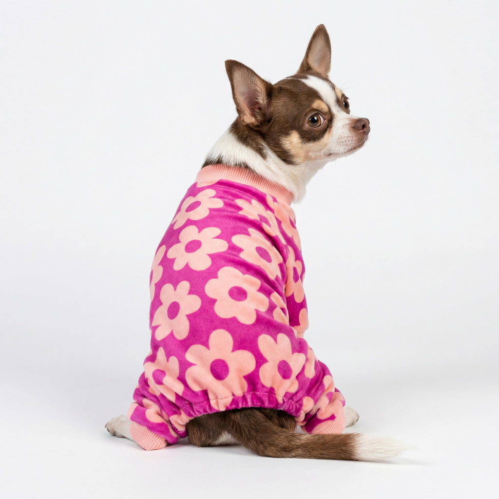 Fitwarm Flower Fleece Dog Pajamas, Warm Winter Dog Clothes for Small Dogs Girl, Cozy Pet Onesie with Feet, Pink, Small