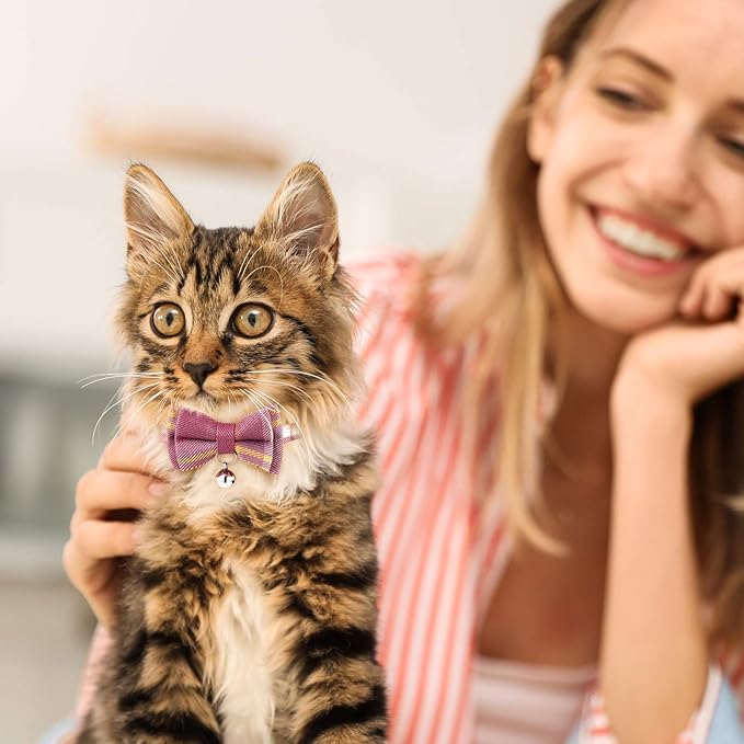 Weewooday 10 Pcs Breakaway Cat Collar with Bow Tie and Bell, Kitten Collar for Cat, Adjustable Cute Plaid Safety Kitty Collars for Birthday Pet Christmas Party Supplies, 10 Styles