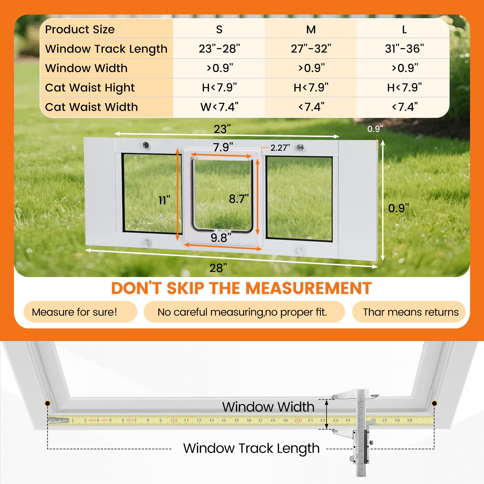 Full Size Cat Door Window Insert，Adjustable Width of 23"-28", 4 Locking Modes, Magnetic Closure, 10-Min Quick Install, HD Transparent Flap,Weatherproof Window Pet Door for Cats & Small Dogs