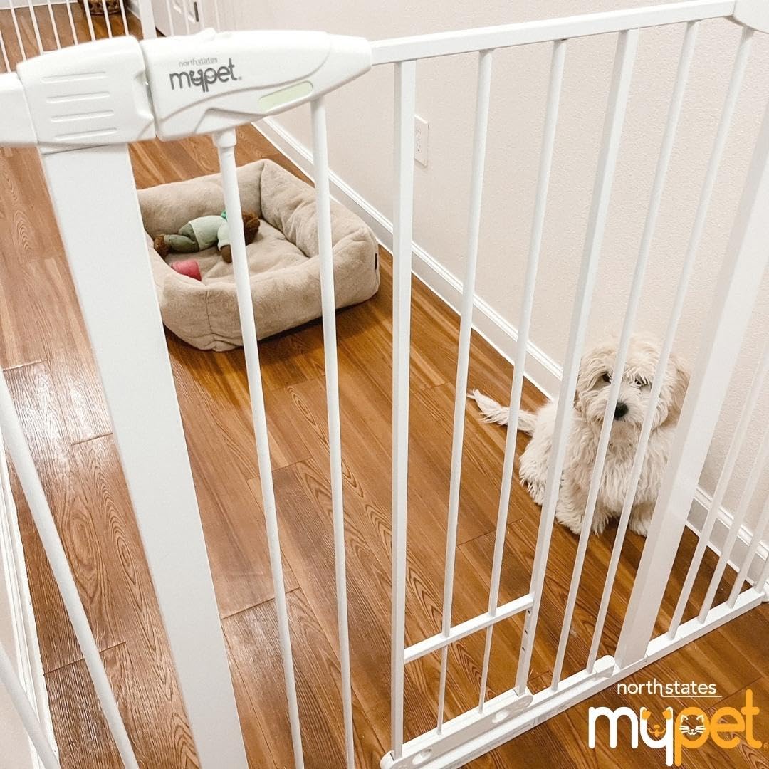 MYPET EasyPass Extra Tall & Wide Walk Thru Pet Gate: 29.75” - 52” Wide Dog Gate with Adjustable Pass-Thru Pet Door; Pressure Mounted, No Tools Needed, 41" Tall, White