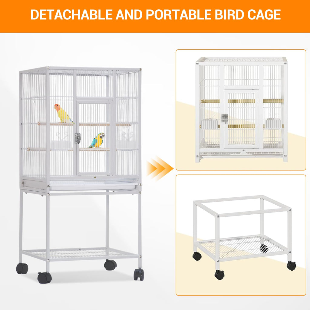 52'' Wrought Iron Birdcage with Detachable Rolling Stand & Feeder, Large Bird Cage with Secure Lock & Slide-Out Tray, Indoor Outdoor Bird Cage on Wheels,Parrot Cages for Parakeets, Pigeons, White