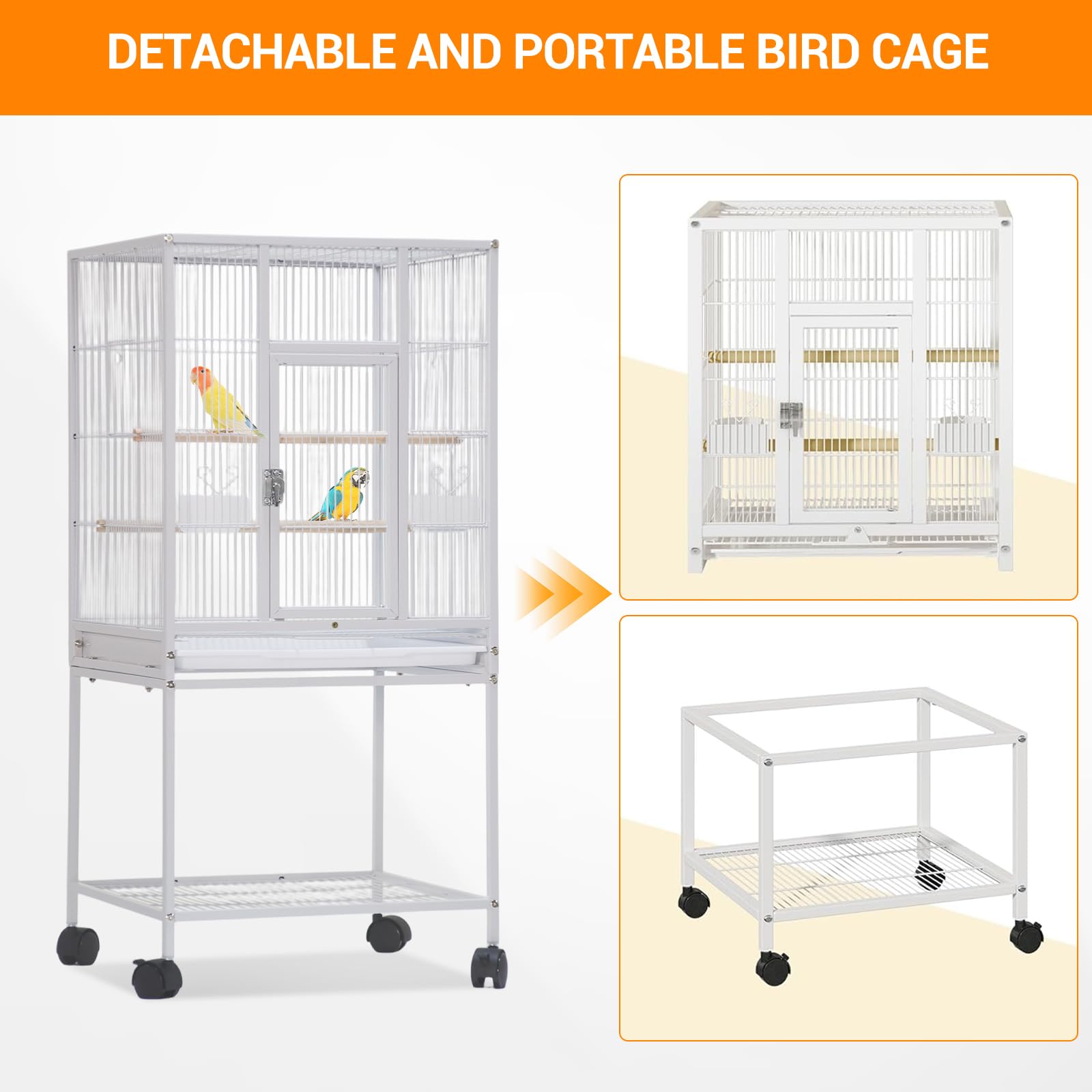 52'' Wrought Iron Birdcage with Detachable Rolling Stand & Feeder, Large Bird Cage with Secure Lock & Slide-Out Tray, Indoor Outdoor Bird Cage on Wheels,Parrot Cages for Parakeets, Pigeons, White