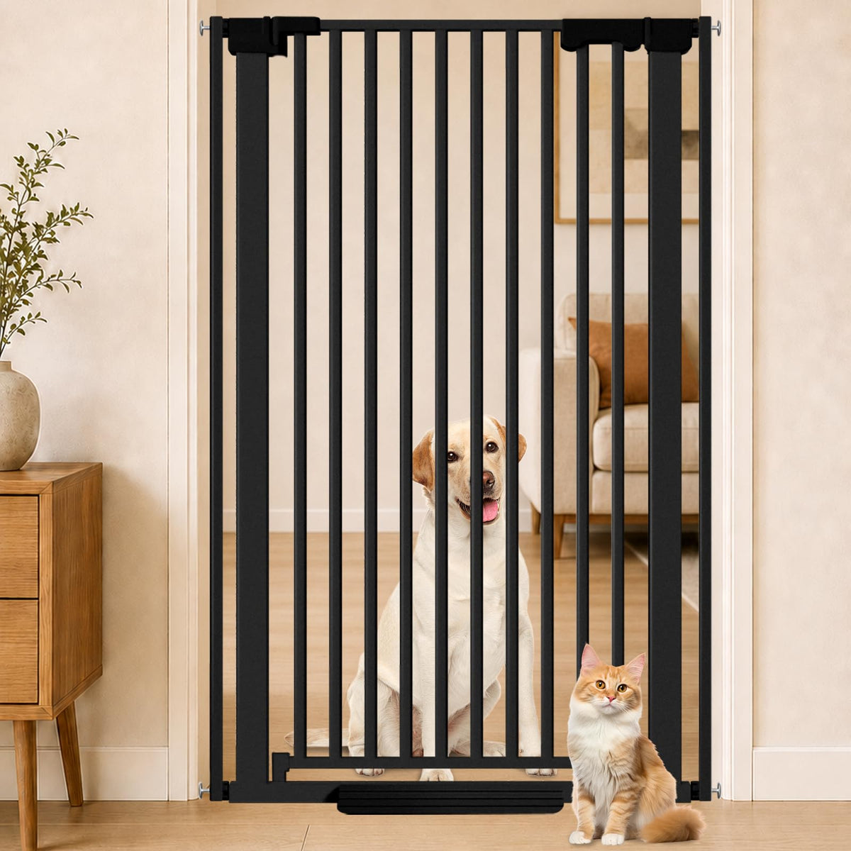 Amibud 51'' Extra Tall Cat Gate Barrier for Doorways Hallways, Pressure Mounted Pet Dog Gates No Drilling Auto Close, Cat Fence Indoor Climb Proof 30-32.6'' Wide (Black)