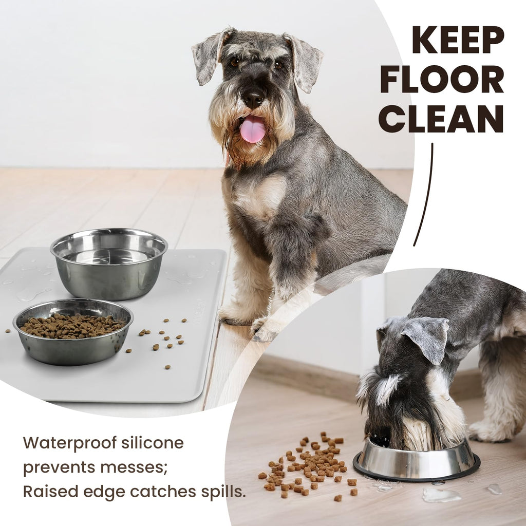 VIVAGLORY Pet Food Mat Flexmat Dog Bowl Mat, L, Light Grey