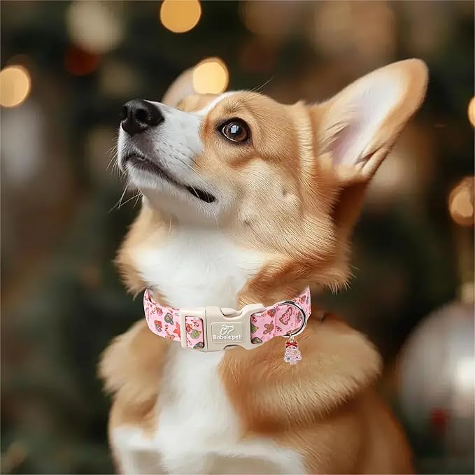 Babole Pet Christmas Dog Collar - Cute Pink Cozy Christmas Puppy Collar with Safety Buckle, Soft Adjustable Holiday Dog Collars for Small Medium Large Dogs S