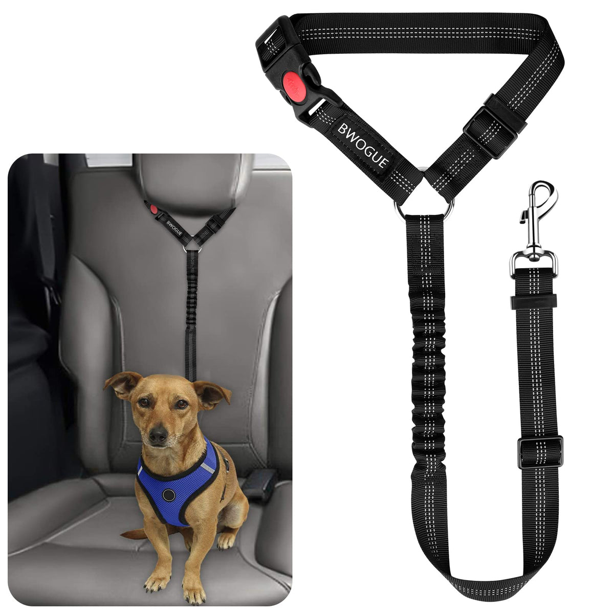 BWOGUE Dog Seat Belt for Car, Headrest Restraint Reflective Bungee, 1 Pack