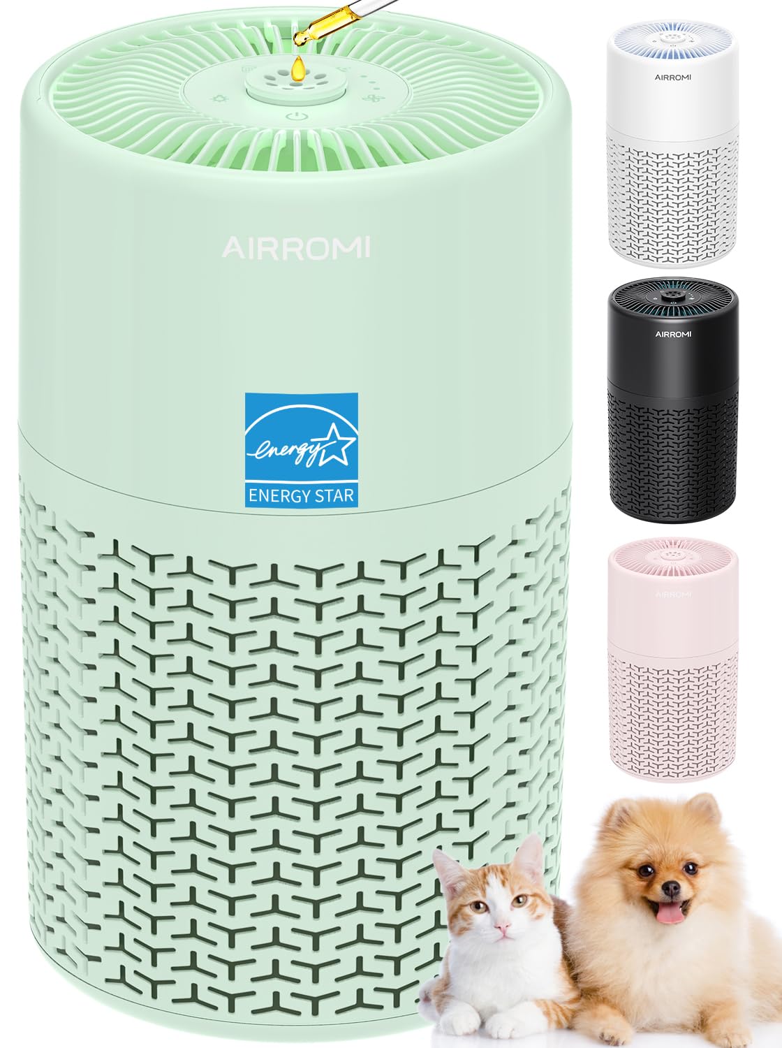 AIRROMI Pets Air Purifier for Home Allergies,Up to 660 ft². HEPA Deodorizing Activated Carbon Filter,With Fragrance Sponge for Better Sleep,Night Light,Pet Dander,Smoke,Odors,Air Cleaner A2002 White
