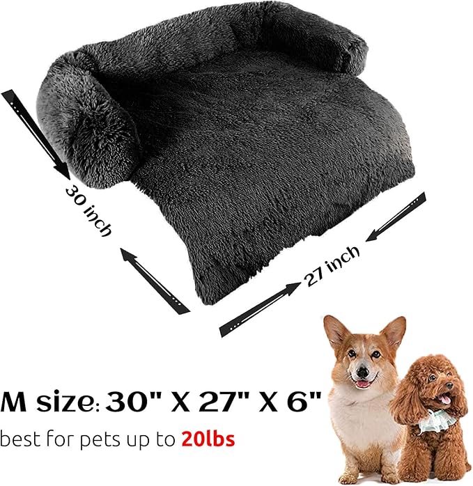 HACHIKITTY Calming Pet Sofa Bed Mat, Washable Plush Couch Cover for Dogs and Cats, Furniture Protector with Anti-Slip Bottom (30"x 27"x 6", Black)