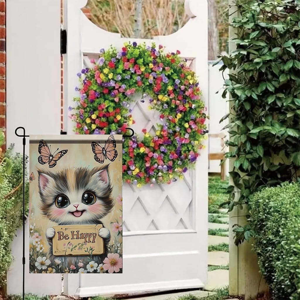 Tomhong Be Happy Cat Garden Flag 12x18 Inch Double Sided Outdoor Yard Banner Cute Kitten with Butterflies and Flowers for Spring Summer Patio Porch Lawn Home Decoration