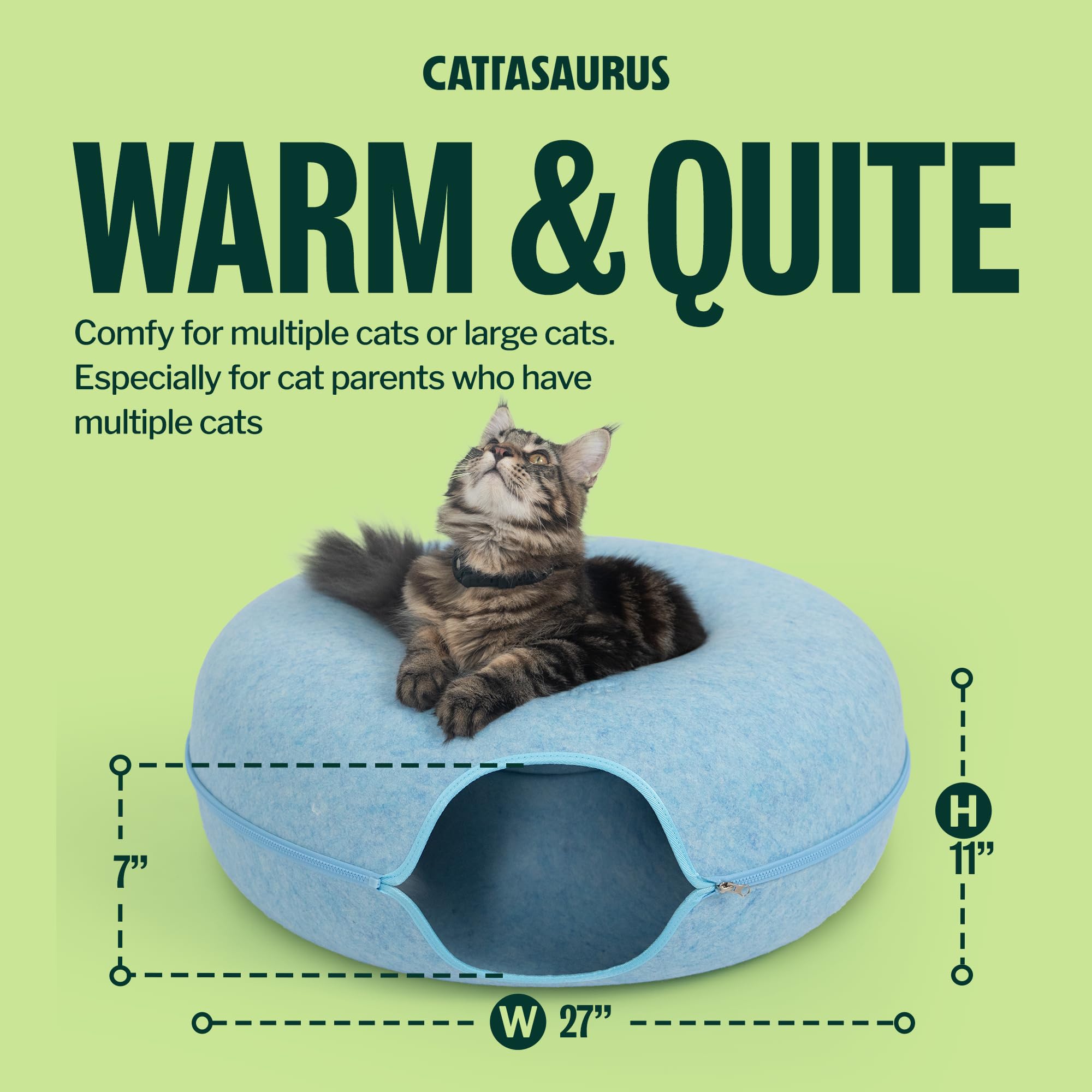 Cattasaurus Peekaboo Cat Cave Donut for Multiple & Large Cats up to 30-45 lbs, 3-in-1 Self Warming Cat Bed, Tunnel & Scratcher for Indoor Cats, Washable & Detachable Small Dog Bed (Blue, Jumbo)