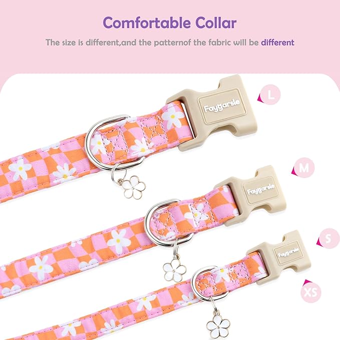 Faygarsle Floral Dog Collar, Pink and Orange Pattern with White Flowers, Spring Summer Design for Small Medium Large Dogs, S