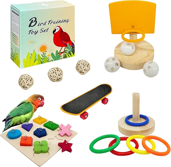 Bird Toys,Parrot Training Toys for Lovebird,Five-Types Parakeet Toys Sets for Conure, Cockatiel,12 PCS Parrot Intelligence Toy,Basketball Hoop,Skateboard,Stacking Toys,Wooden Block Bird Puzzles Toy