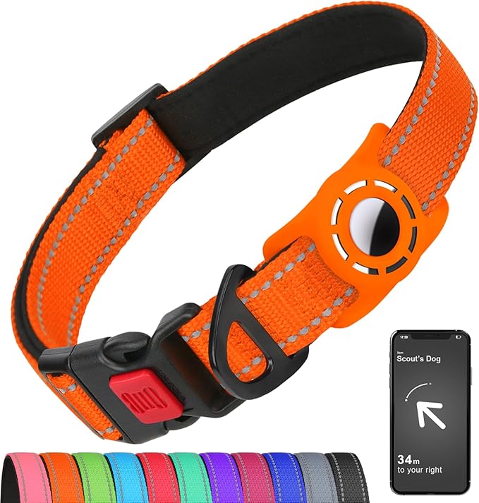 Airtag Dog Collar with AirTag Holder for Puppy Small Dogs, Reflective, Soft Padded & Safety Locking Buckle, Nylon Pet Collars Adjustable for All Breeds, Orange,XS