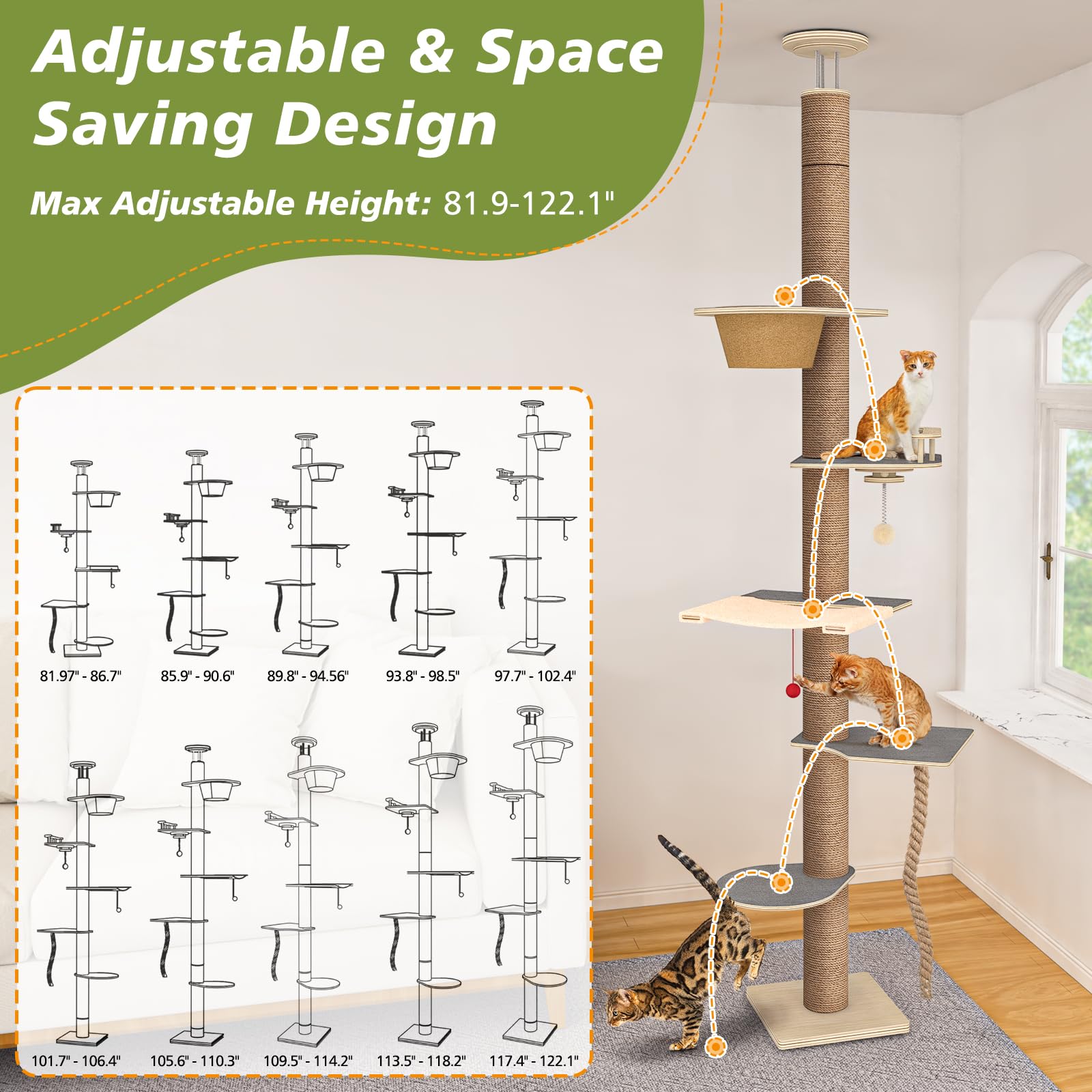 Cat Tree Floor to Ceiling, Cat Tower with Hammock & Perch, Scratching Post