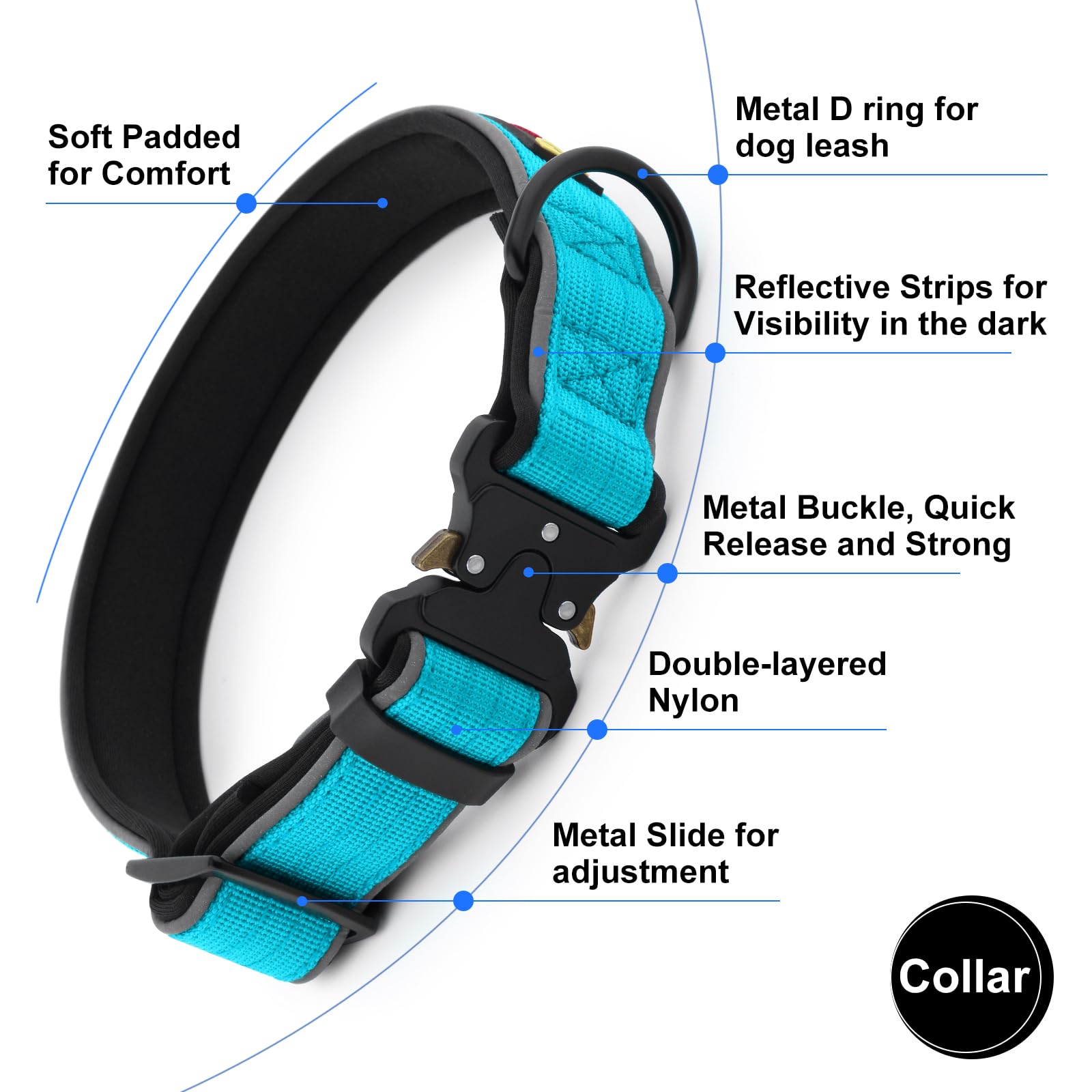 Plutus Pet Tactical Dog Collar, Reflective, Adjustable Heavy Duty Dog Collar, Soft Padded and Comfortable, for Small Medium and Large Dogs (Cyan, M)
