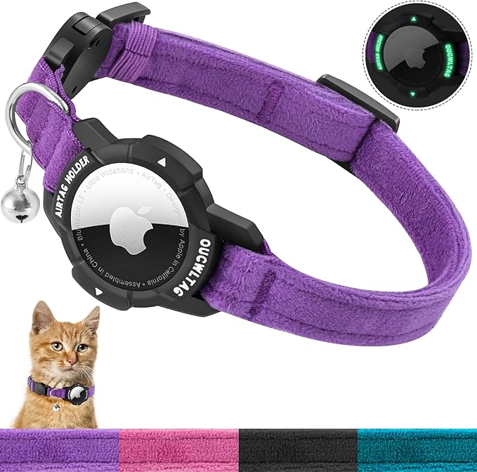 Luminous AirTag Cat Collar Breakaway, OUCWLTAG GPS Cat Collar with Apple Air Tag Holder, Cat Tracker Collars with Safety Elastic Band for Girl Boy Cats