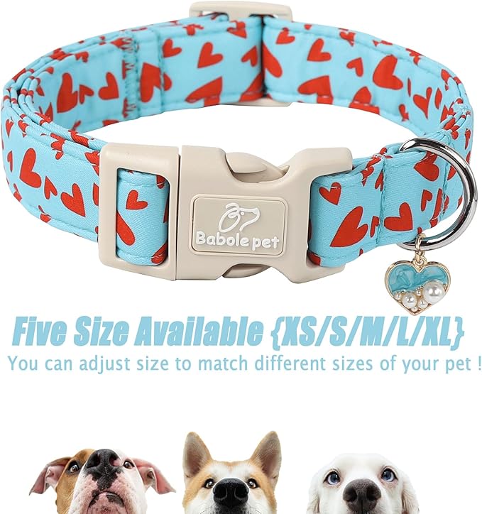 Babole Pet Valentines Dog Collar for Large Dogs - Cute Valentine Blue Dog Collars, Adjustable Puppy Red Hearts Collar with Quick Release Buckle for Boys&Girls Dogs L