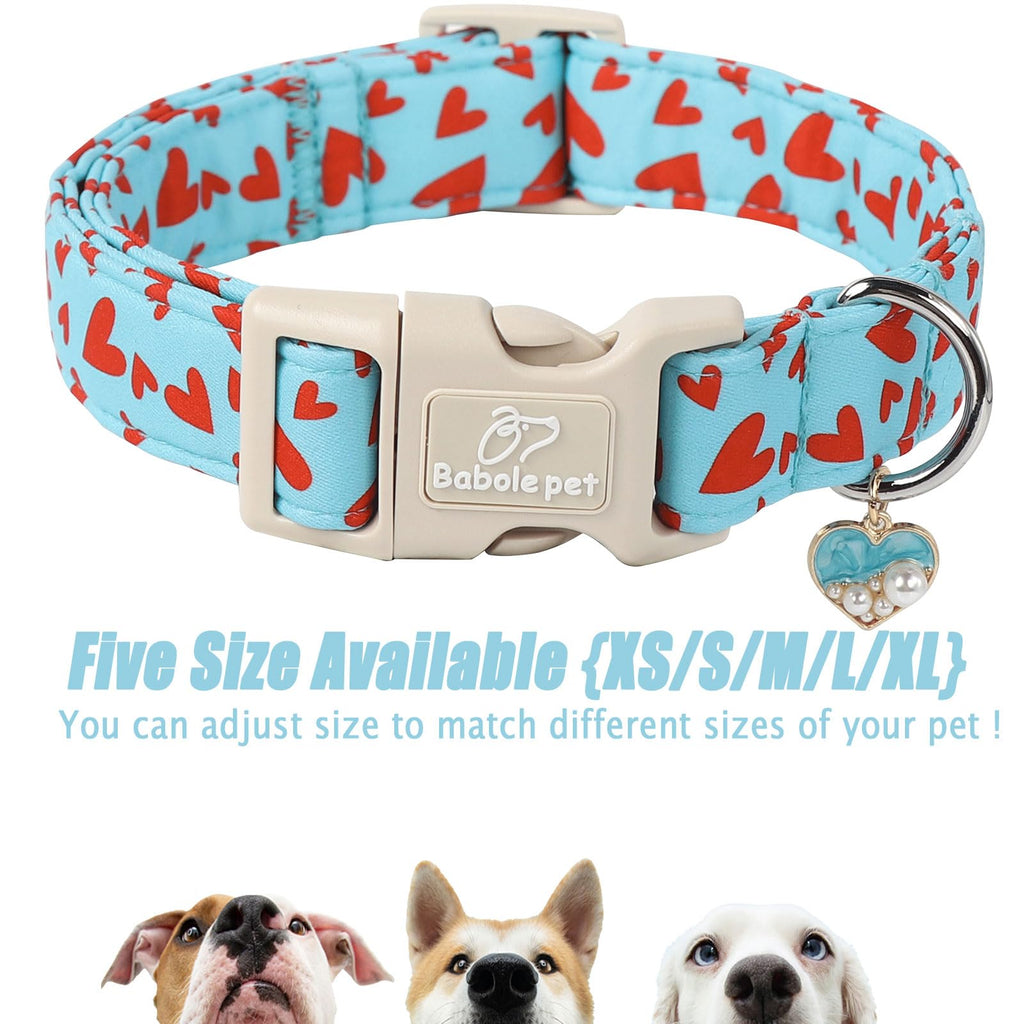 Babole Pet Valentines Dog Collar for Small Dogs - Cute Valentine Blue Dog Collars, Adjustable Puppy Red Hearts Collar with Quick Release Buckle for Boys&Girls Dogs S