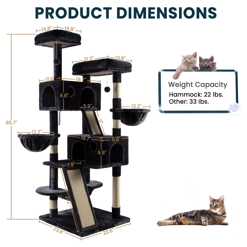 SHA CERLIN 65in Larger Cat Tree Tower Condo for Indoor Kitties/Multi-Level Furniture Activity Center with Wide Base/Cozy Plush Cat Perches/Baskets/Sisal Scratching Posts and Hammock/Dark Grey