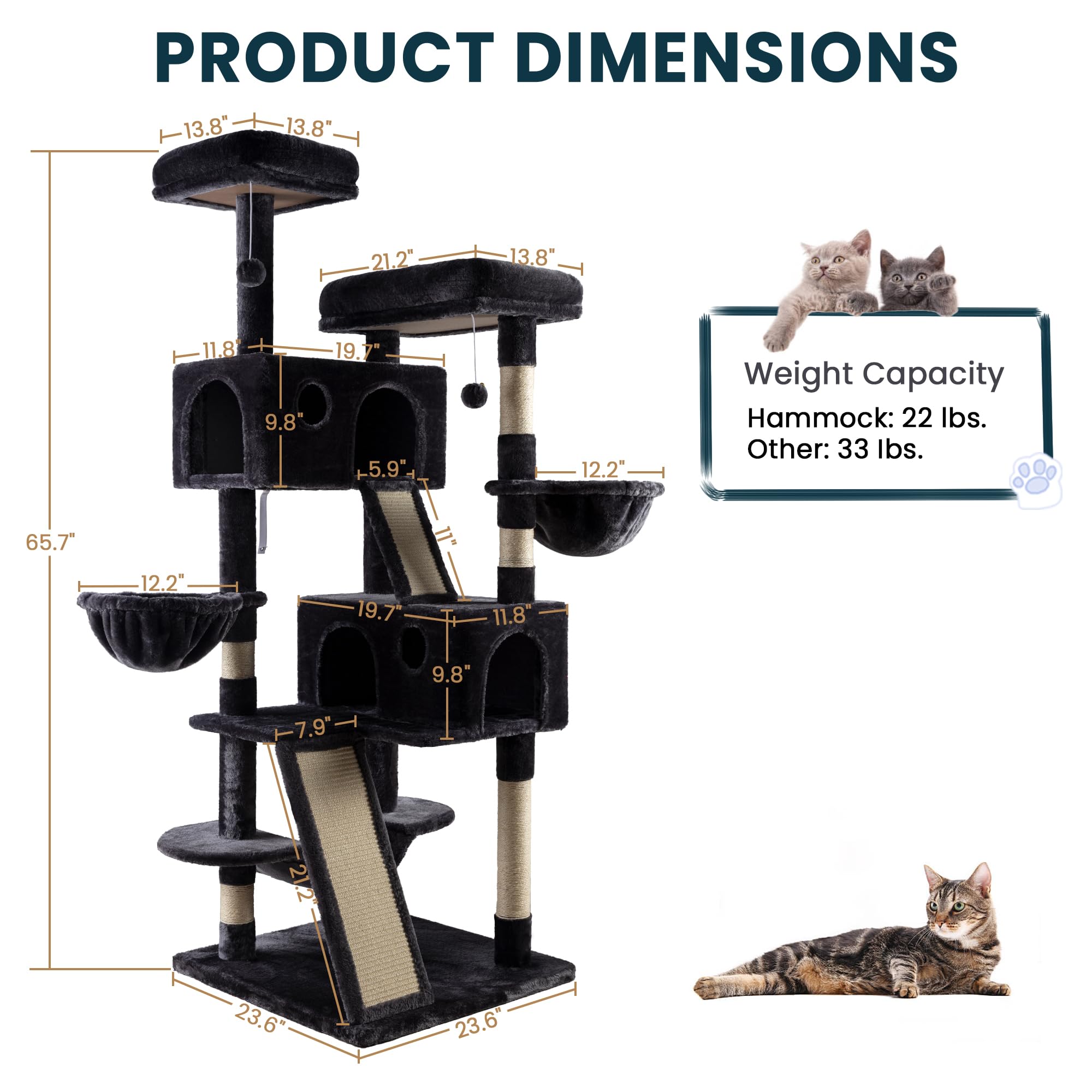 SHA CERLIN 65in Larger Cat Tree Tower Condo for Indoor Kitties/Multi-Level Furniture Activity Center with Wide Base/Cozy Plush Cat Perches/Baskets/Sisal Scratching Posts and Hammock/Dark Grey