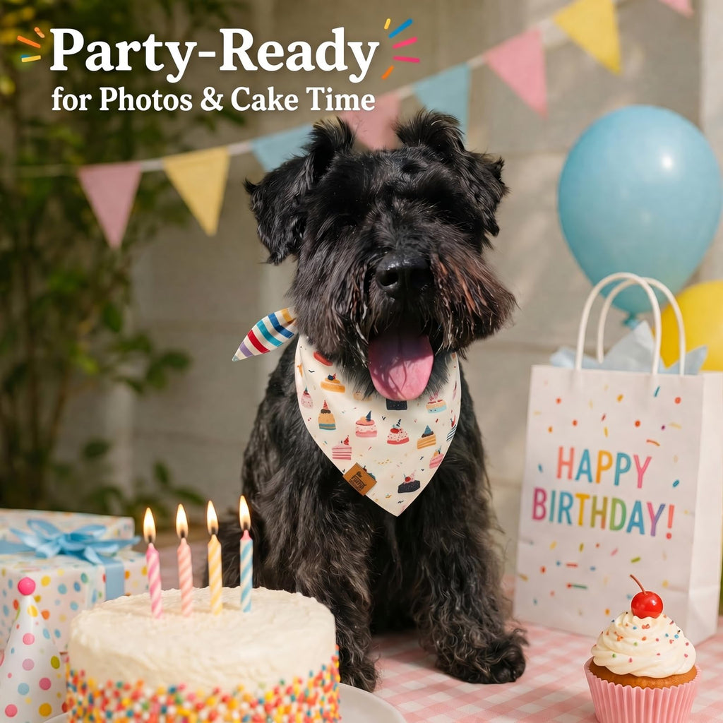 Furry Whisper Dog Birthday Bandana, Reversible Soft Breathable Adjustable Pet Scarf for Medium & Large Dogs, Party Photo Outfit for Boy or Girl, Colorful Cakes Stripes, M Fits Up to 18"