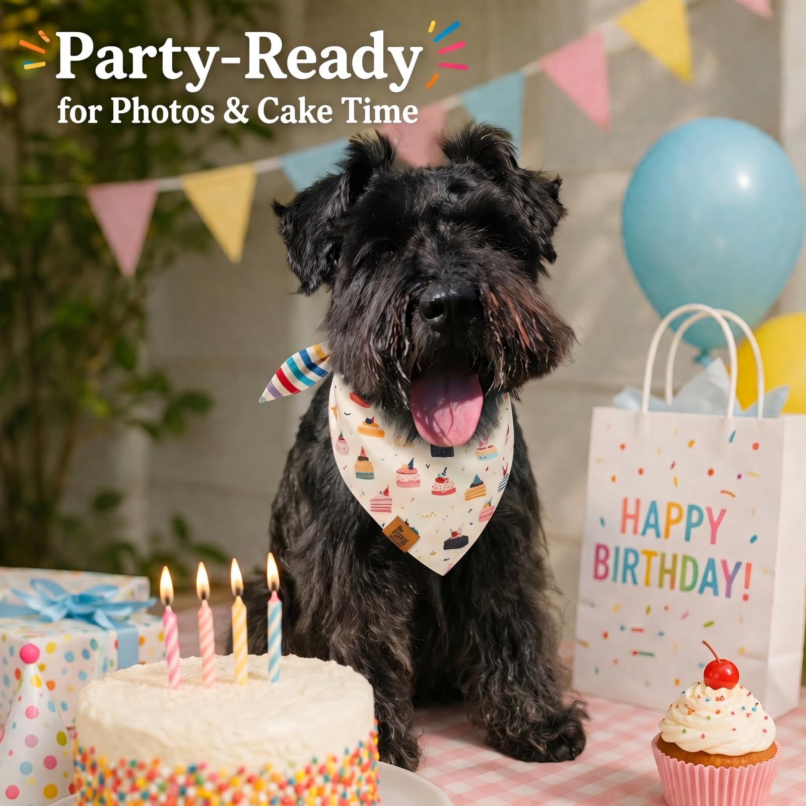 Furry Whisper Dog Birthday Bandana, Reversible Soft Breathable Adjustable Pet Scarf for Medium & Large Dogs, Party Photo Outfit for Boy or Girl, Colorful Cakes Stripes, M Fits Up to 18"