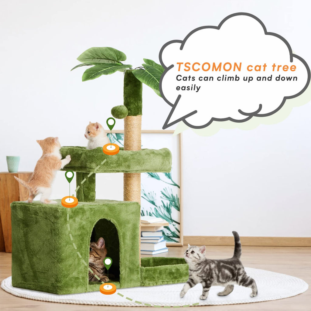 TSCOMON 31.5in Multi-Level Cat Tower with Sisal Scratching Posts, Hidden Cave & Perch Platform, Large Cat Condo for 1-3 Cats, Eco-Friendly Pet Furniture with Realistic Leaves, Green