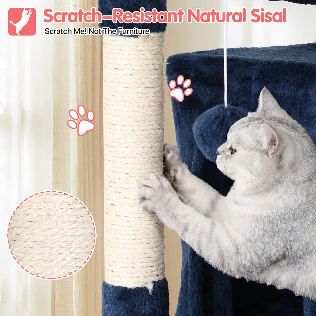 70in Cat Tree Cat Climbing Tower with Scratching Post, Cats House Perch Kitten Tree Condo Wood Playhouse, Pet Trees Tower for Indoor Cats, Navy Blue