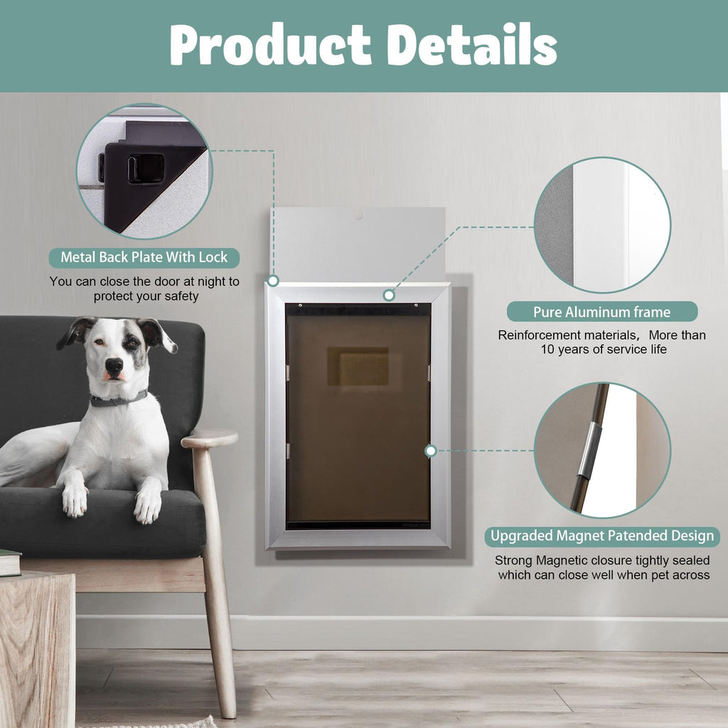 Dog Door Aluminum Pet Door with Large Flap 11" x 16", Doggie Door Designed with Automatic Closing Magnetic Flap, Telescoping Tunnel & Lockable Sliding Panel for Extreme Weather, Large