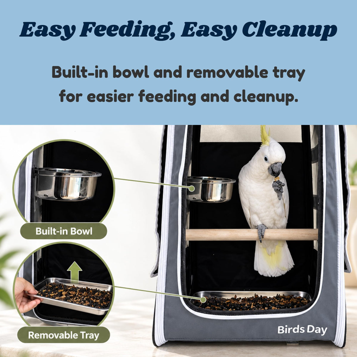 Birds Day Cockatoo Carrier Backpack-Parrot Travel Cage with Wooden Perch and Food Bowl, Stainless Steel Tray (Charcoal Gray, Cockatoo & Similar)