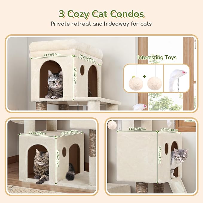 Globlazer Cat Tower for Multiple Indoor Cats, 52 inch Heavy Duty Cat Tree with 3 Condos, Plush Cat Condo with Scratching Posts and Pad for Adult Cats Kitten, Padded Top Perch, Basket Bed, F52B, Beige