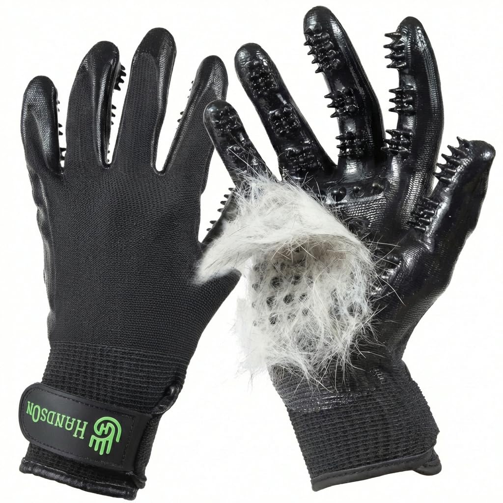 H HandsOn Pet Grooming Gloves - Patented #1 Ranked, Award Winning Shedding, Bathing, & Hair Remover Gloves - Gentle Brush for Cats, Dogs, and Horses (Black, X-Large)