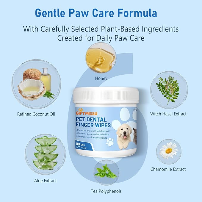 GIFTMISSU 80 Counts Pet Dental Finger Wipes for Dogs and Cats - Disposable Dog Teeth Cleaning Wipes for No-Rinse Daily Oral Care, Pet Tooth Cleaning Wipes