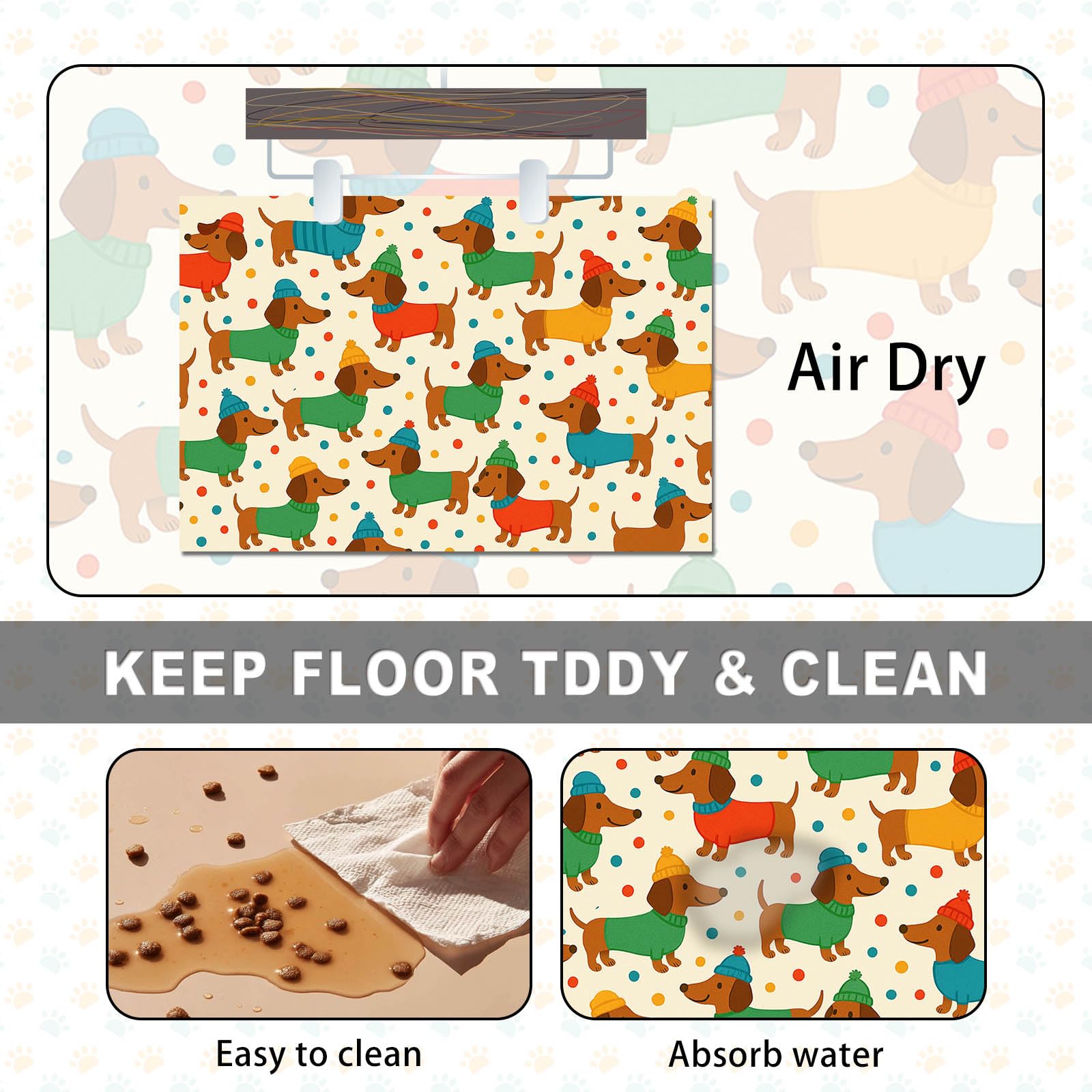 HOMETITUTE Dog Food Mat Dachshund Print Feeding Pad 24 x 16 Inch