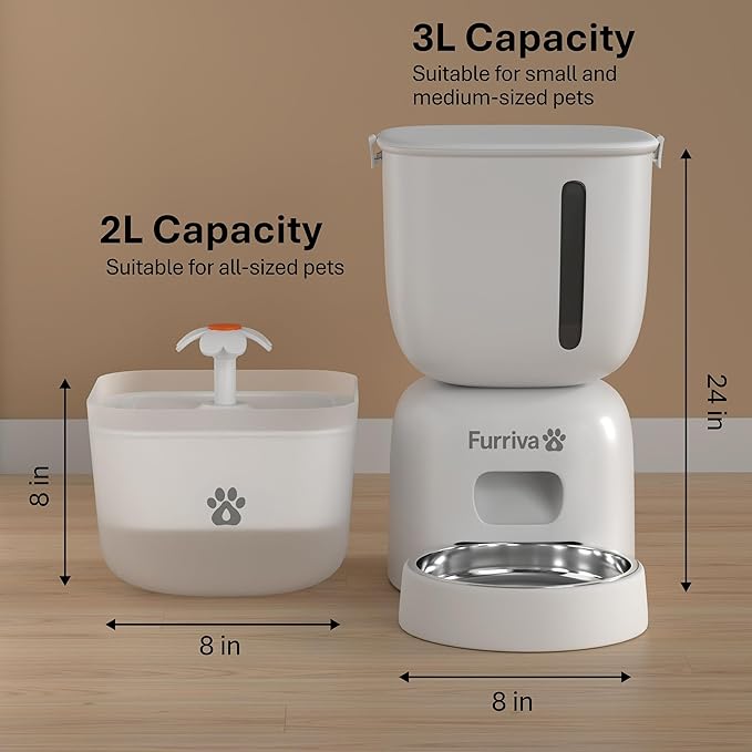 Automatic Cat Feeder and Water Fountain Set, White - 3L Food and Water Dispenser, Locking Lid, Plug-in/Battery Powered, Programmable Portions, 4 Meals/Day, 10s Voice Recorder for Cats and Small Dogs