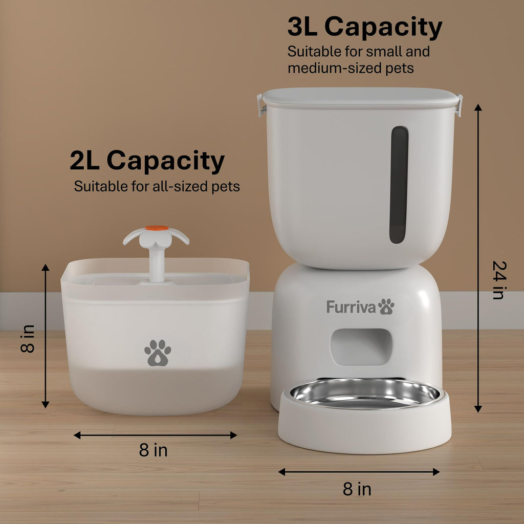 Automatic Cat Feeder and Water Fountain Set, White - 3L Feeder & 2L Fountain, Stainless Steel Bowl, Locking Lid, Plug-in/Battery Powered, 4 Meals/Day, 10s Voice Recorder for Cats and Small Dogs
