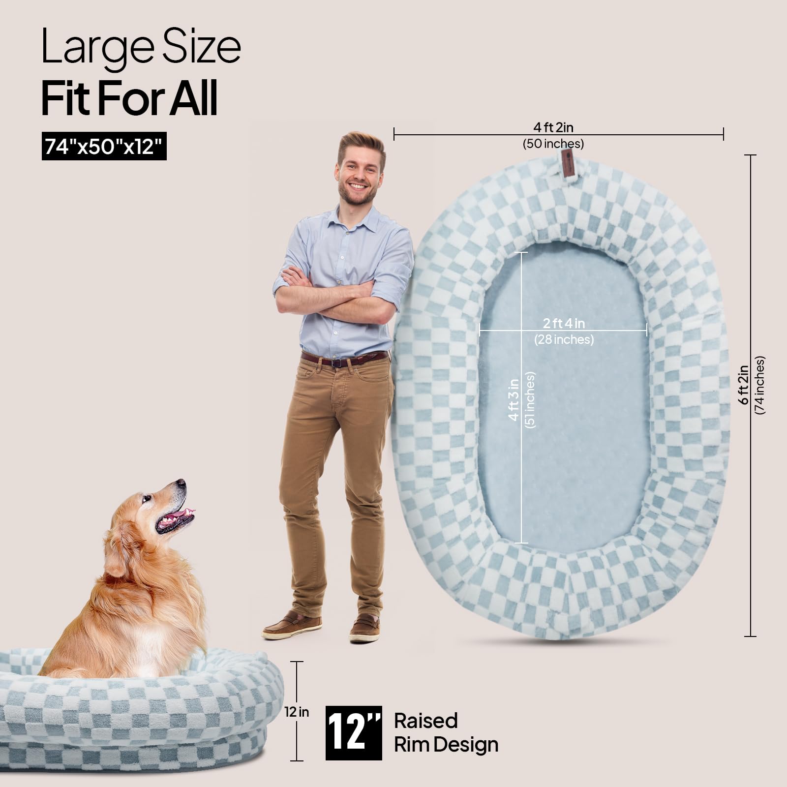 WOZOKE Human Dog Bed 74x50, Memory Foam Waterproof Liner Lounger,Blue Grid