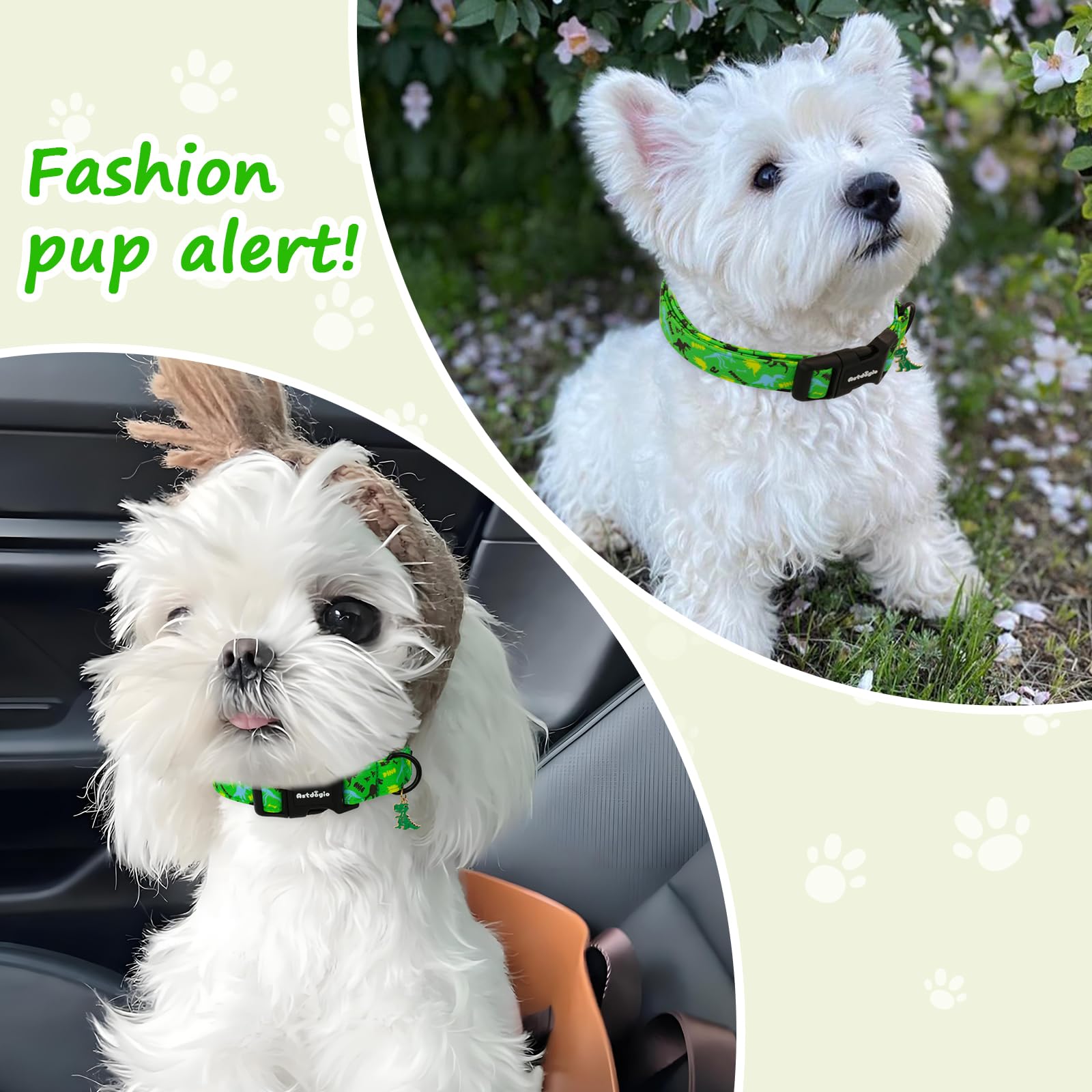Astdogio Dog Collars for Small Medium Dogs, Dinosaur Dog Collars for Male Dogs，Adjustable Cotton Boy Dog Collars for Small Dogs，Ideal, Daily Photos & Pet Fashion Accessory, S