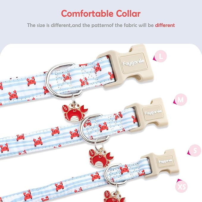Faygarsle Cute Crab Pattern Dog Collar, Cotton Fabric, Light Blue Stripes, for Small Medium Large Dogs, M