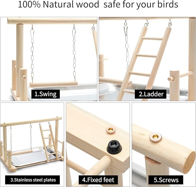 FrgKbTm Natural Wood Bird Playground Parrot Perch Playstand Play Gym Stand Playpen Perches Ladder Swing Platform with Toys Exercise Playgym for Luonfels,Budgie,Cockatiels,Conures,Parakeets,Lovebird