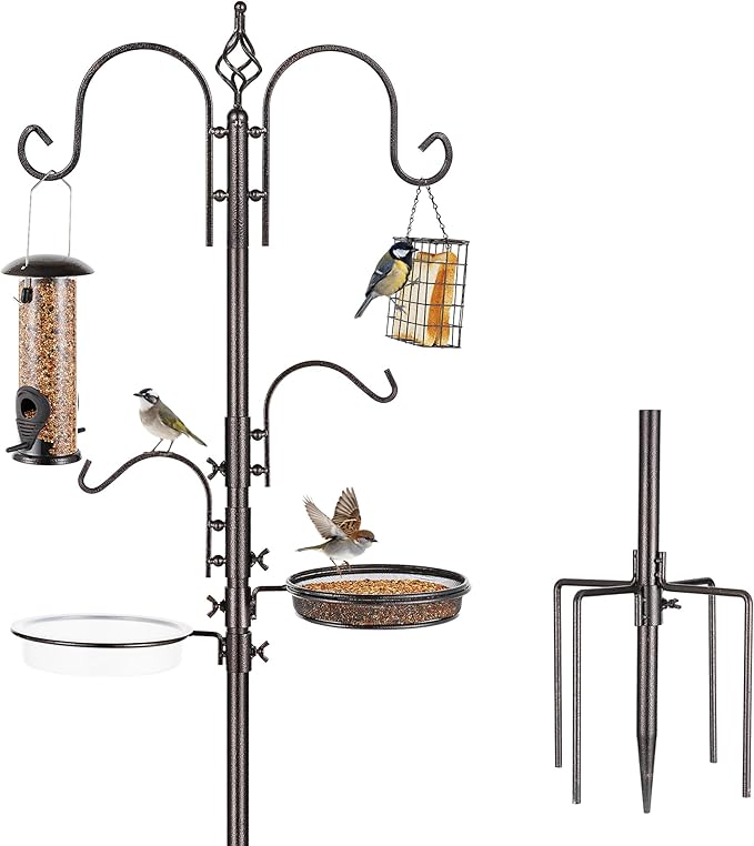 Bird Feeding Station Kit with Squirrel Baffle Bird Feeder Pole with Suet Cage Mesh Tray Fruit Hook Double W Hook for Attracting Wild Birds and Hanging Planter Hanger Lights