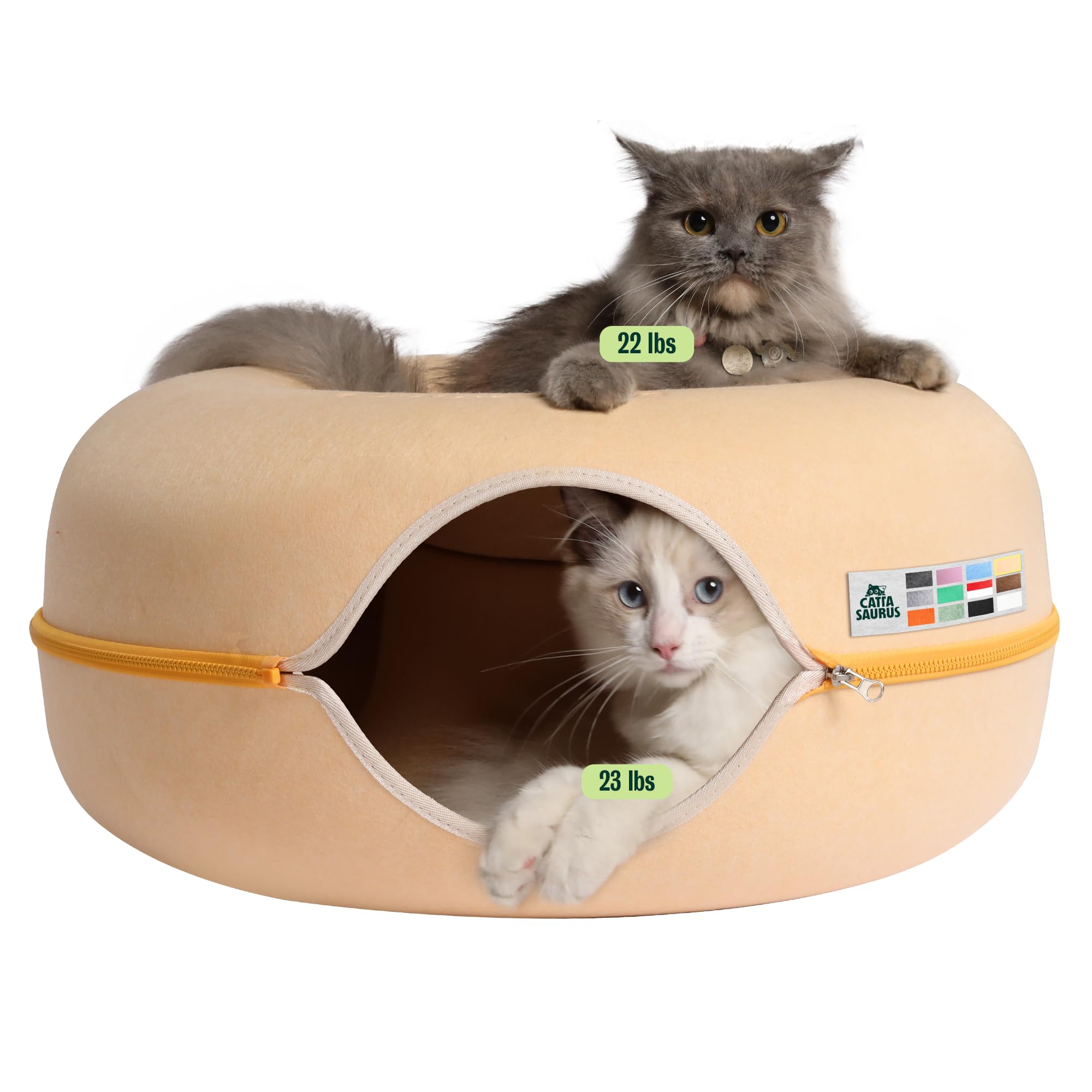 Cattasaurus Peekaboo Cat Cave Donut for Multiple & Large Cats up to 30-45 lbs, 3-in-1 Self Warming Cat Bed, Tunnel & Scratcher for Indoor Cats, Washable & Detachable Dog Bed (Pastel Macaron, Large)