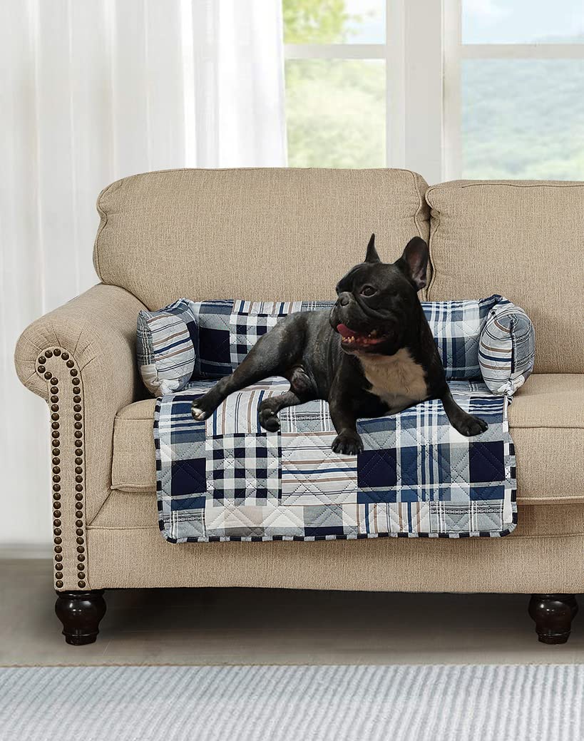 Brilliant Sunshine Blue Plaids and Stripes Patchwork Pet Sofa Bed, Quilted, Slip Resistant, Washable Couch Protector with Removable Bolster Cushions, Furniture Cover for Pets, Dogs, Cats, Medium, Blue